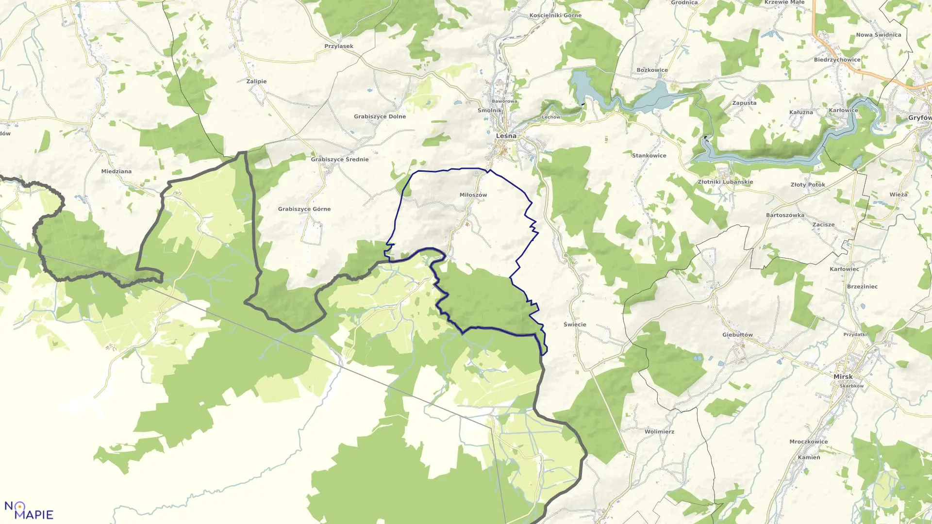 Mapa obrębu MIŁOSZÓW w gminie Leśna